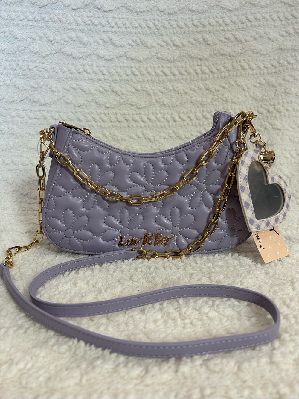 LUV Betsey Johnson Quilted Flower Shoulder Bag in Light Purple NWT Y2K